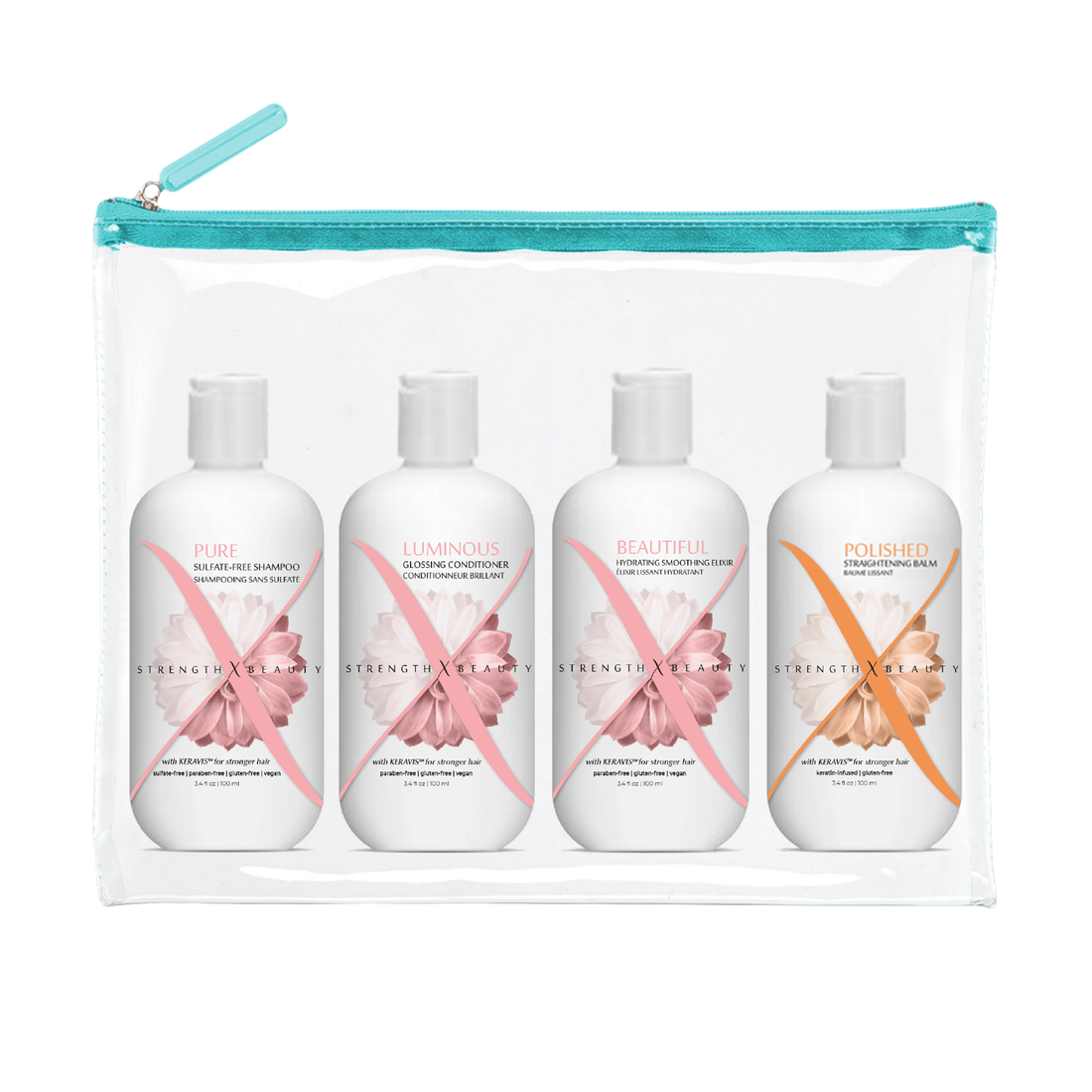Strength x Beauty 4 pc. Smoothing hair care products travel kit for normal to medium hair types with included zippered tote.